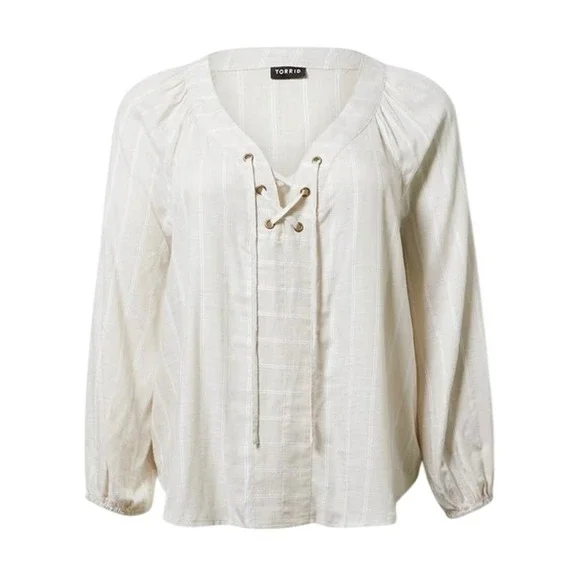 Torrid Lace Up V Neck Long Sleeve Blouse Ivory Stripe‎ Size 0X L 12 Flowy NWT - Picture 2 of 9